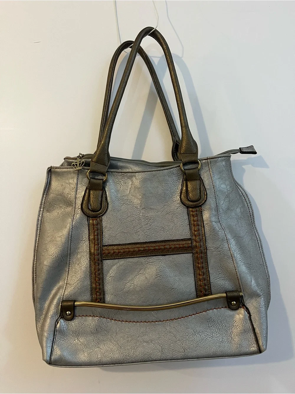 Limelight Metallic Silver Tote Bag, Brown Trim, Braided Detail & Floral Lining - Picture 3 of 16